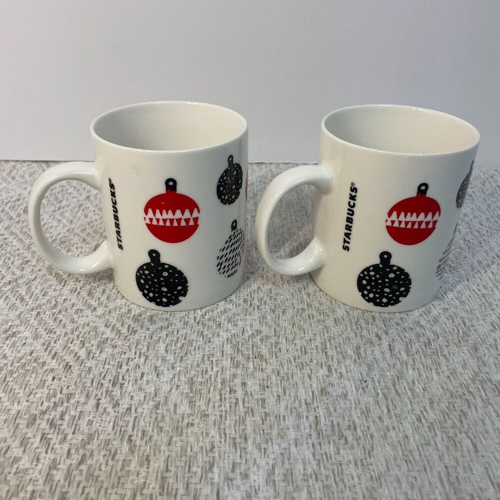Starbucks 2016 Holiday Christmas Ornament Red /Black Mug 12oz Coffee Set of 2